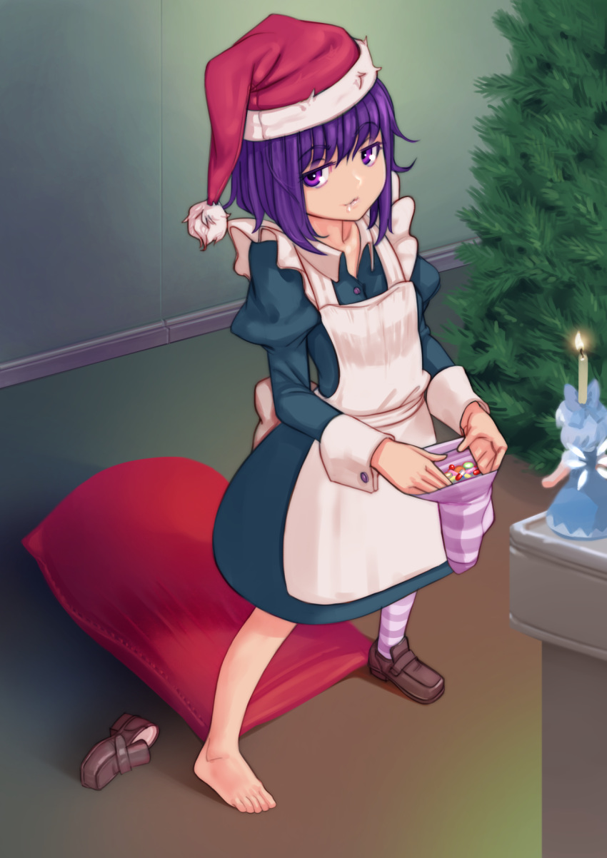 candle character_doll christmas christmas_tree cirno drooling drugs erulon full_body futaba_channel hat highres long_sleeves maid nijiura_maids pill purple_hair saliva santa_hat shoes single_shoe smile solo stocking_stuffer striped striped_legwear touhou yakui