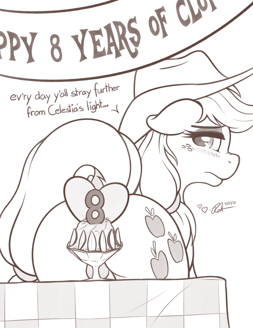 2018 applejack_(mlp) blush butt cutie_mark dessert dock earth_pony english_text equine female feral food freckles friendship_is_magic greyscale hair hat horse looking_at_viewer looking_back mammal monochrome my_little_pony pony pussy ratofdrawn solo table text