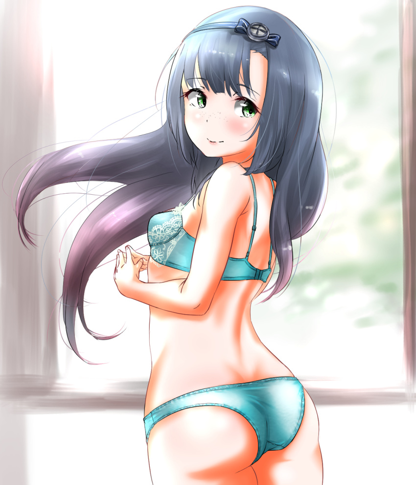 aqua_bra aqua_panties ass black_hair blush bra breasts closed_mouth commentary_request eyebrows_visible_through_hair freckles gradient_hair green_eyes highres kantai_collection long_hair matsuwa_(kantai_collection) multicolored_hair older panties small_breasts smile solo tama_(seiga46239239) underwear wind window