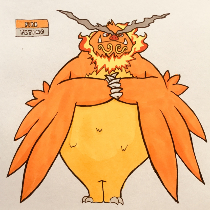 2018 2_toes 3_fingers alternate_color alternate_species ambiguous_gender anthro avian biped claws countershade_torso countershading emboar english_text eyebrows fak&eacute;mon feathered_wings feathers featureless_crotch fire firefightdex flaming_mane front_view frown full-length_portrait hands_together hatching_(technique) hybrid interlocked_fingers looking_aside looking_away mammal mane marker_(artwork) markings mfanjul mixed_media multicolored_feathers nintendo nude orange_feathers orange_wings overweight overweight_ambiguous pen_(artwork) pig_nose pok&eacute;mon pok&eacute;mon_(species) porcine portrait red_eyes red_nose shadow simple_background smoke solo standing text thick_eyebrows toe_claws toes toony traditional_media_(artwork) tusks two_tone_feathers video_games white_background white_claws winged_arms wings yellow_countershading yellow_feathers yellow_markings