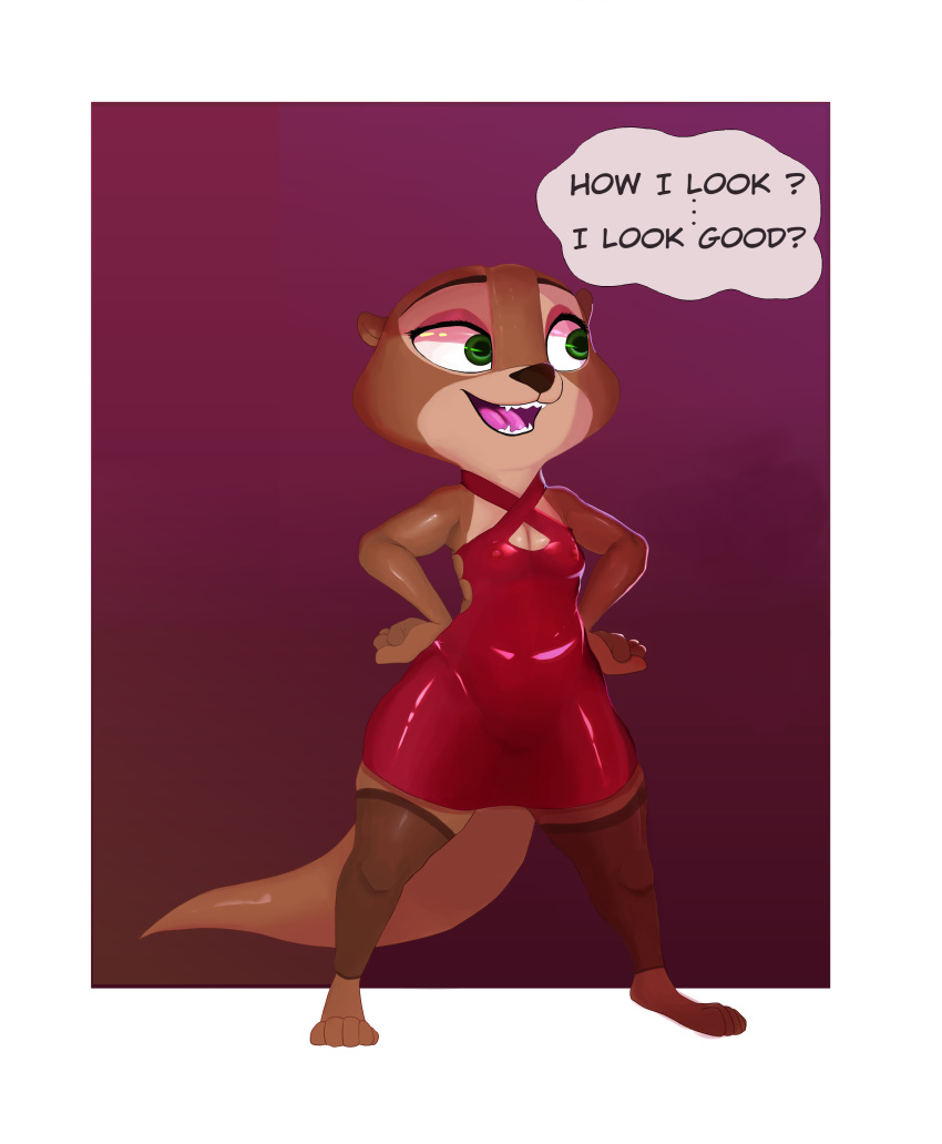 anthro breasts clothing costume digitalart disney dress fan_character female legwear mammal mustelid night nightwalker otter randomlist rubber stockings text thigh_highs zoe_ottero zootopia