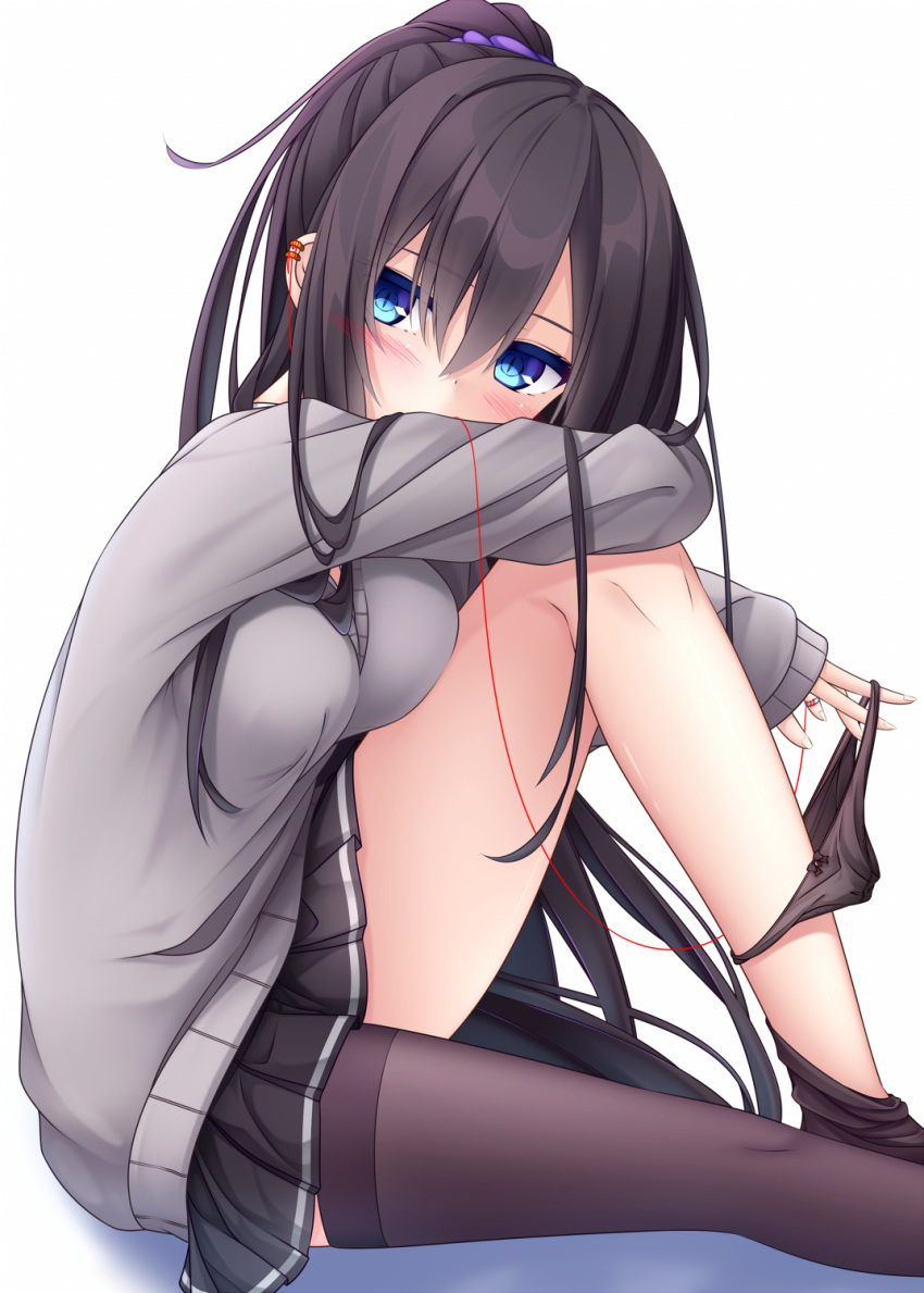 asymmetrical_legwear bangs black_hair black_panties black_skirt blue_eyes blush bow bow_panties breasts brown_legwear commentary_request ear_piercing eyebrows_visible_through_hair grey_sweater hair_between_eyes head_tilt high_ponytail highres jewelry knee_up long_hair looking_at_viewer looking_to_the_side medium_breasts original panties panties_around_one_leg piercing pleated_skirt ponytail red_string ring skirt solo string sweater thighhighs thighhighs_pull underwear very_long_hair yoye_(pastel_white)