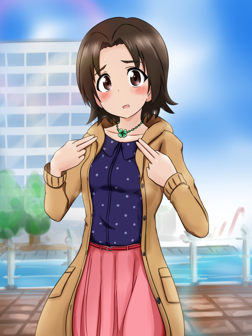 bangs belt blurry blurry_background blush brown_coat brown_eyes brown_hair casual cloud cloudy_sky clover coat collared_shirt cowboy_shot day eyebrows_visible_through_hair fechisupi girls_und_panzer highres jewelry light_frown looking_at_viewer medium_skirt navy_blue_shirt necklace open_mouth outdoors parted_bangs pink_skirt polka_dot polka_dot_shirt red_belt sawa_azusa shirt short_hair skirt sky solo standing sweatdrop