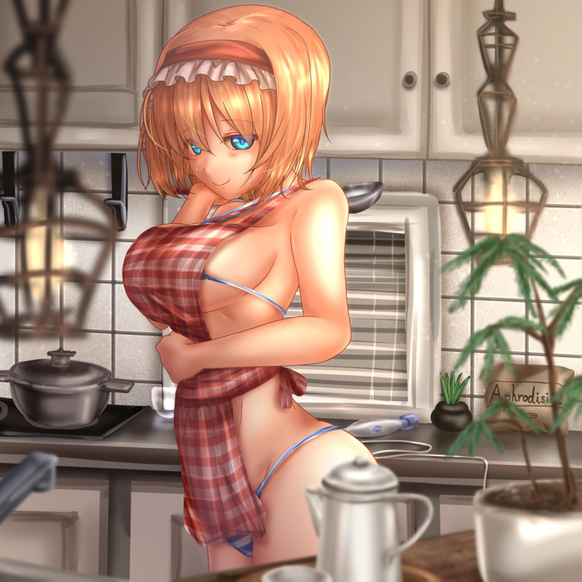 alice_margatroid aphrodisiac apron bangs bikini blonde_hair blue_bikini blue_eyes blurry blurry_foreground breasts closed_mouth commentary cowboy_shot depth_of_field english eyebrows_visible_through_hair flower_pot frilled_hairband frills hairband hand_in_hair hand_on_own_stomach highres hitachi_magic_wand indoors kitchen lamp large_breasts looking_at_viewer micro_bikini nearly_naked_apron plaid plaid_apron plant pot red_apron red_hairband short_hair shounen_(hogehoge) smile solo standing string_bikini striped striped_bikini sweat swimsuit teapot touhou