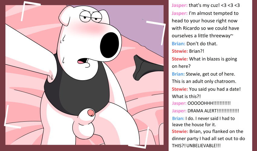 animal_genitalia balls bed blush bottomless brian_griffin camera_view canine chat clothed clothing dialogue dog erection family_guy holding_camera holding_object humor jasper_(family_guy) looking_at_viewer male male/male mammal penis sheath shirt solo speedo stewie_griffin sushibroadcast sweat swimsuit tank_top underwear webcam