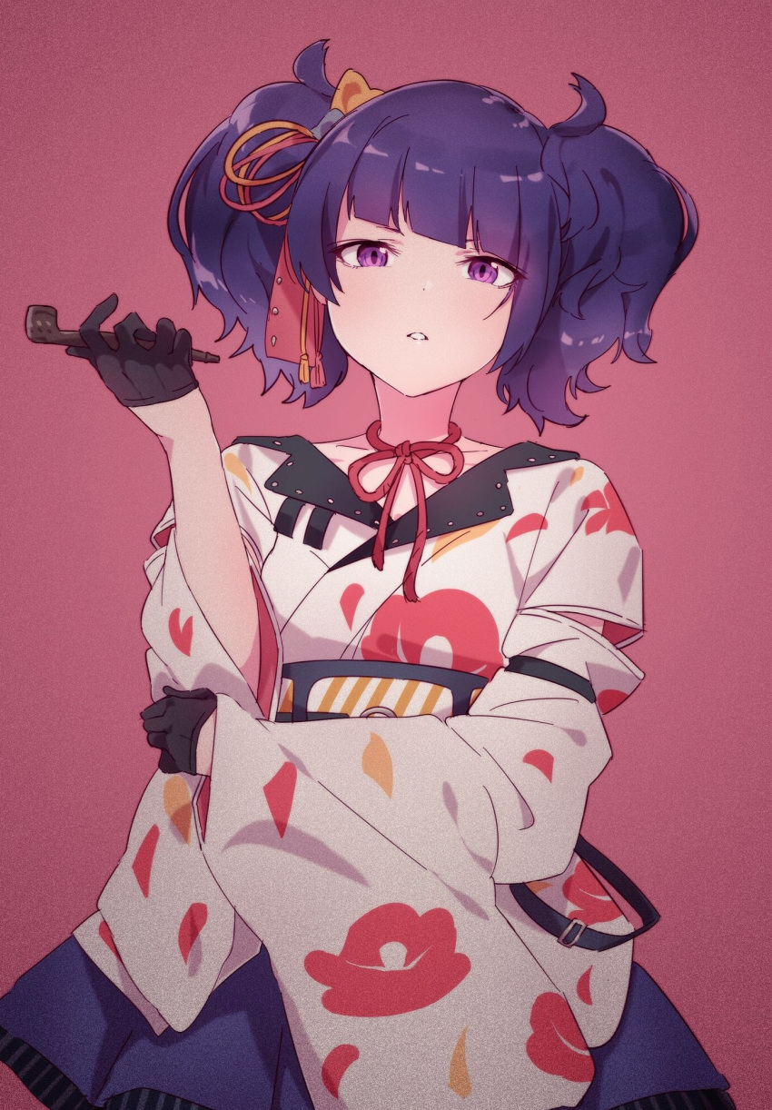 bangs black_gloves bow collarbone diagonal_bangs floral_print gloves hair_ornament half_gloves hand_on_own_elbow hand_up highres holding holding_pipe idolmaster idolmaster_shiny_colors japanese_clothes kimono kimono_skirt looking_at_viewer neck_ribbon norada obi parted_lips pink_background pipe purple_eyes purple_hair purple_skirt red_background red_neckwear ribbon sash short_twintails simple_background skirt solo tanaka_mamimi tsurime twintails upper_body v-shaped_eyebrows vignetting white_kimono yellow_bow