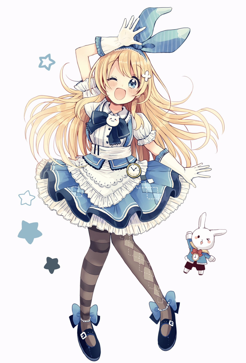 &gt;_o ;d alice_(wonderland) alice_in_wonderland animal argyle argyle_legwear arm_up black_footwear black_shorts blonde_hair blue_bow blue_eyes blue_jacket blue_ribbon blue_skirt blush bow brown_legwear center_frills clothed_animal commentary_request frilled_gloves frilled_skirt frills full_body gloves hair_ribbon head_tilt highres jacket long_hair looking_at_viewer mary_janes mismatched_legwear one_eye_closed open_mouth pantyhose pleated_skirt puffy_short_sleeves puffy_sleeves red_bow ribbon sakura_oriko shirt shoes short_sleeves shorts skirt smile star striped striped_legwear very_long_hair white_gloves white_rabbit white_shirt