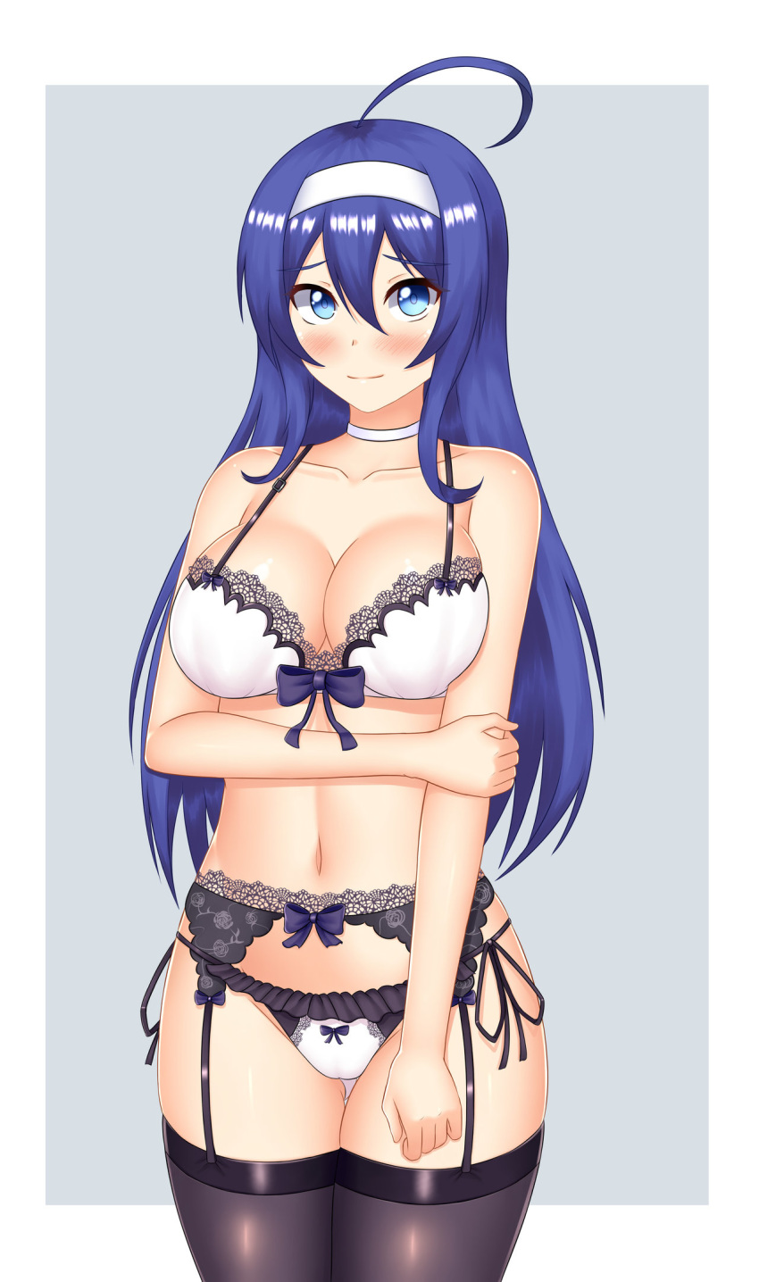 1girl ahoge bare_arms bare_shoulders black_legwear blue_eyes blue_hair blush bow bow_panties bra breasts chechoski choker cleavage collarbone curvy garter_belt garter_straps hairband keshigomu large_breasts lingerie navel orie_(under_night_in-birth) panties side-tie_panties solo thick_thighs thigh_gap thighhighs thighs under_night_in-birth underwear