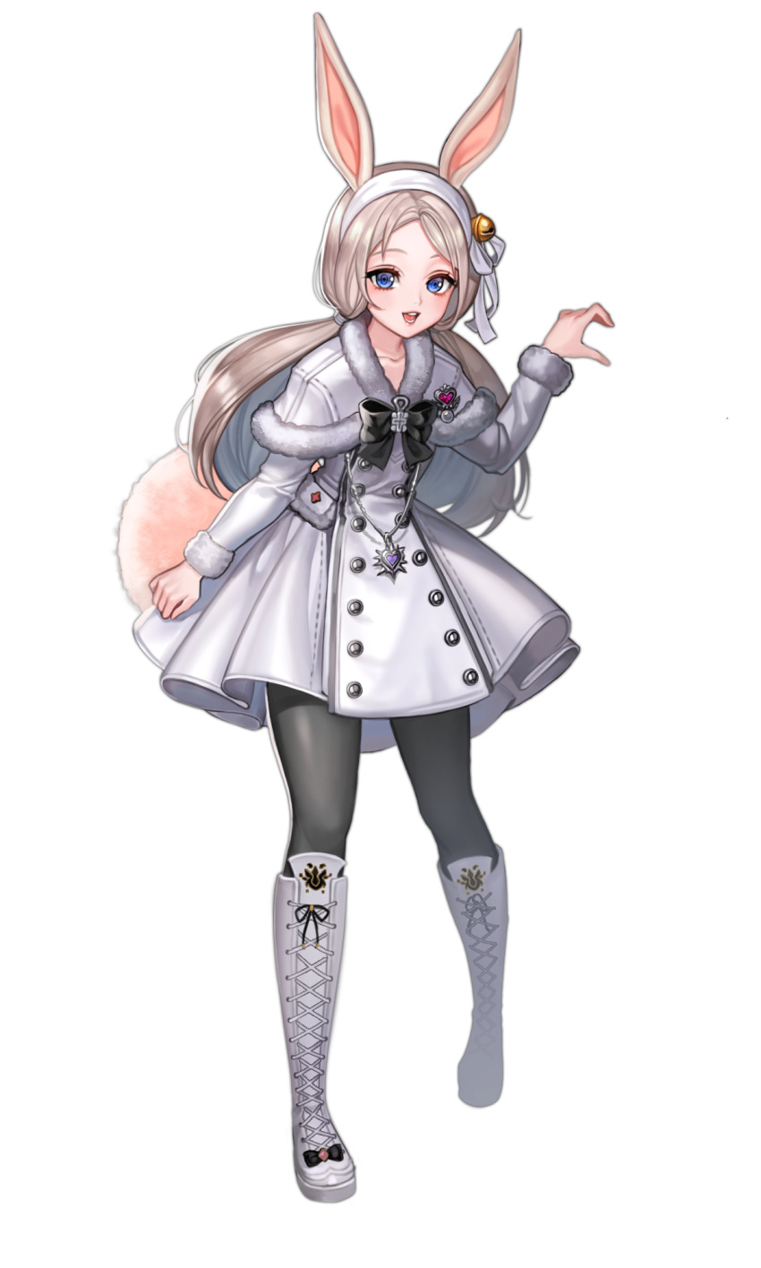 animal_ears arm_up bell black_legwear blade_&amp;_soul blue_eyes boots brown_hair bunny_ears bunny_tail capelet commentary_request dress full_body grey_capelet grey_dress grey_footwear hair_ornament hairband highres jewelry jingle_bell knee_boots long_hair lyn_(blade_&amp;_soul) open_mouth pantyhose pendant rity simple_background smile solo tail white_background