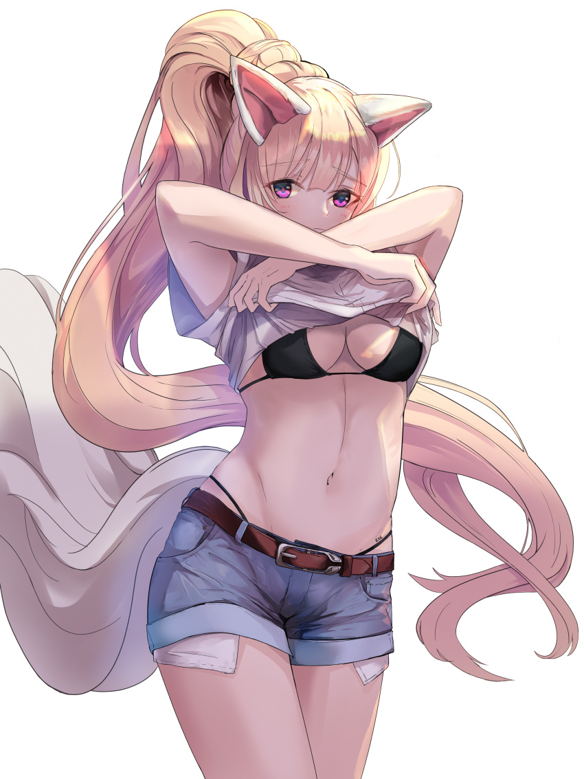 absurdres animal_ears arms_up belt bikini bikini_top bikini_under_clothes black_bikini_top black_panties blade_&amp;_soul blonde_hair breasts cleavage commentary_request crossed_arms denim denim_shorts highleg highleg_panties highres kooemong lifted_by_self long_hair lyn_(blade_&amp;_soul) navel panties ponytail purple_eyes shirt shirt_lift short_shorts shorts simple_background solo swimsuit swimsuit_under_clothes tail underwear very_long_hair white_background white_shirt wolf_ears wolf_tail