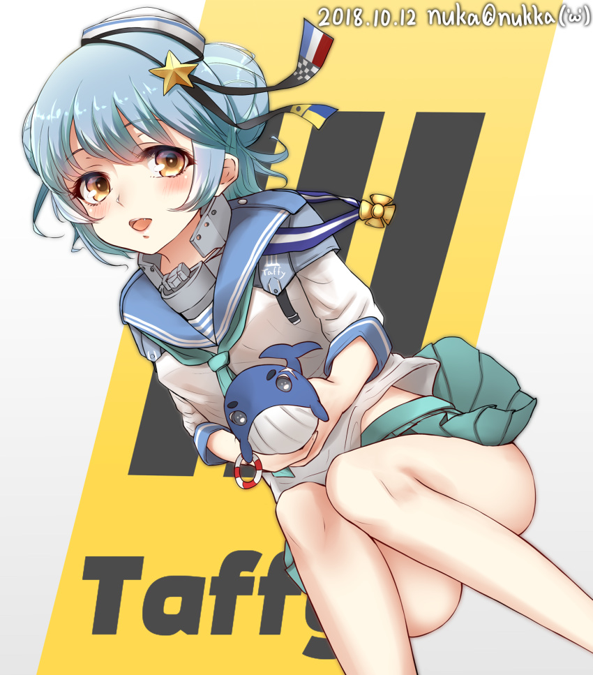 :d aqua_neckwear aqua_skirt black_ribbon blue_hair blue_sailor_collar commentary_request dated dixie_cup_hat double_bun eyebrows_visible_through_hair fang hair_between_eyes hair_ornament hairpin hat hat_ribbon highres kantai_collection lifebuoy long_sleeves looking_at_viewer military_hat miniskirt navy_cross neckerchief nuka_(nvkka) open_mouth pleated_skirt ribbon sailor_collar samuel_b._roberts_(kantai_collection) school_uniform serafuku shirt short_hair sitting skirt smile solo twitter_username whale white_hat white_shirt yellow_eyes