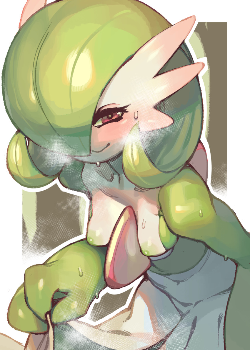 blush breasts breath collarbone female gardevoir glo-s-s green_hair hair hair_over_eye half-closed_eyes hi_res invalid_tag leaning leaning_forward looking_at_viewer nintendo nipples not_furry pok&eacute;mon pok&eacute;mon_(species) pseudo_clothing red_eyes short_hair small_breasts smile solo standing steam sweat video_games