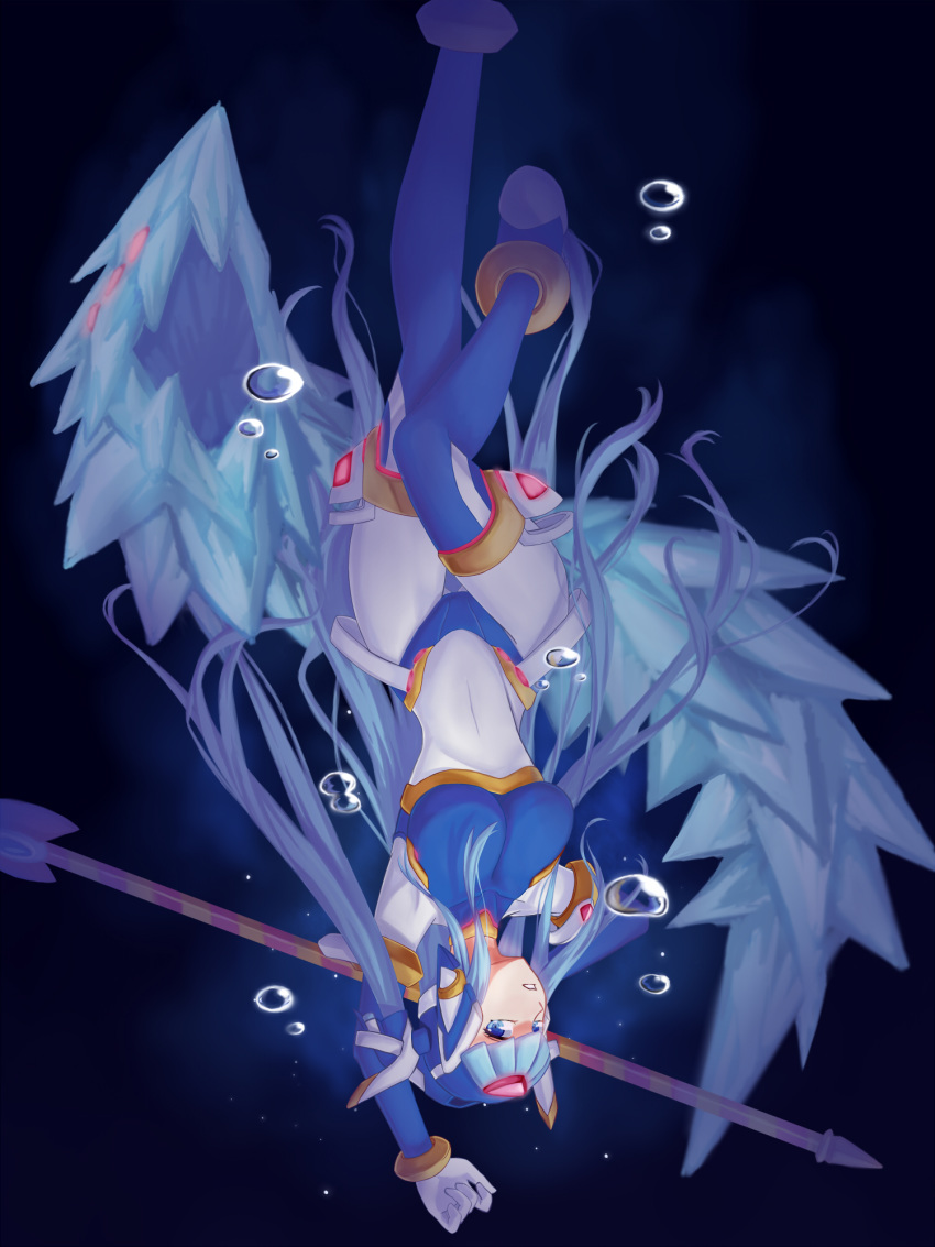 android blue_eyes blue_hair bodysuit bracelet breasts bubble commentary_request covered_navel dark_background gloves helmet highres ice ice_dragon jewelry large_breasts leviathan_(rockman) long_hair nichts_(nil) polearm rockman rockman_zero solo spear thighhighs underwater upside-down weapon