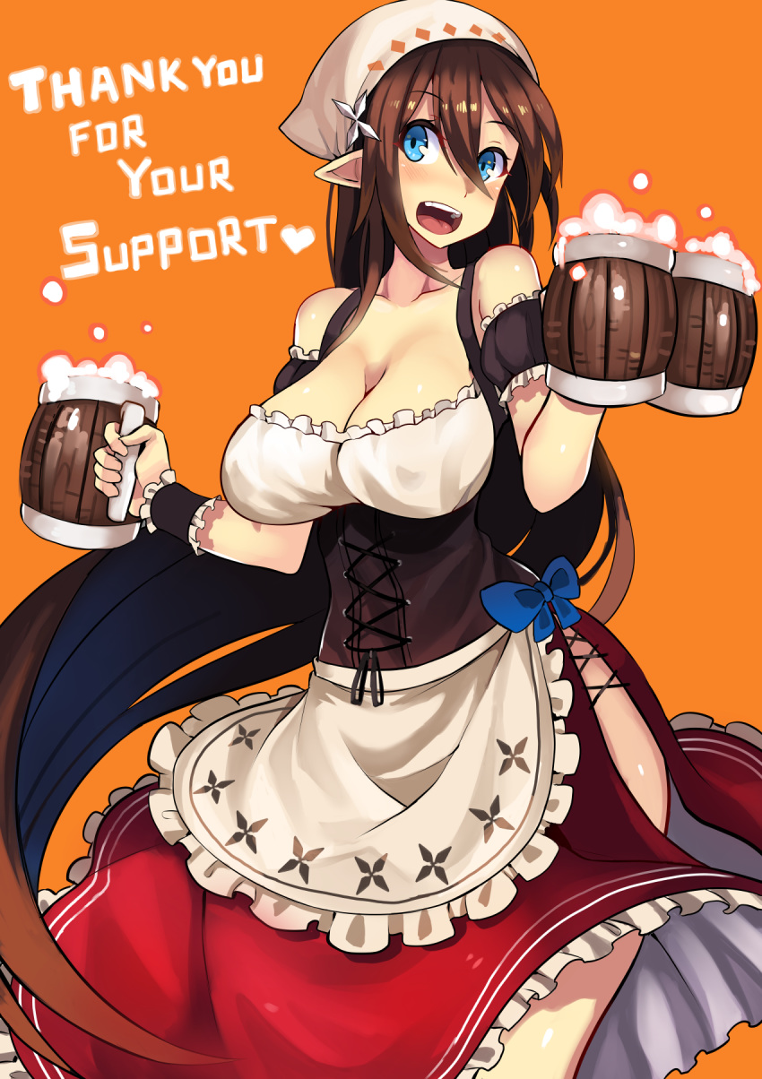 :d alcohol apron bare_shoulders beer beer_mug blue_bow blue_eyes blush bow breasts brown_hair cleavage collarbone contrapposto corset cup detached_sleeves dirndl dress english eyebrows_visible_through_hair frilled_dress frilled_shirt frilled_skirt frills german_clothes hair_between_eyes head_scarf highres hips holding holding_cup large_breasts long_hair looking_at_viewer onigensou open_mouth orange_background original pointy_ears red_skirt shirt short_sleeves side_slit skirt smile solo thank_you thighs underbust very_long_hair waist_apron white_shirt wristband