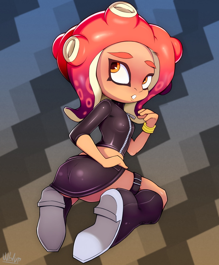 absurd_res animal_humanoid blush boots breasts butt cephalopod cephalopod_humanoid clothing dark_skin female footwear full_body hair hi_res humanoid kneeling marine midriff miniskirt nintendo octoling orange_eyes purple_hair rear_view red_hair shirt signature skirt small_breasts solo splatoon teeth tentacle_hair tentacles video_games wildblur wristband zipper