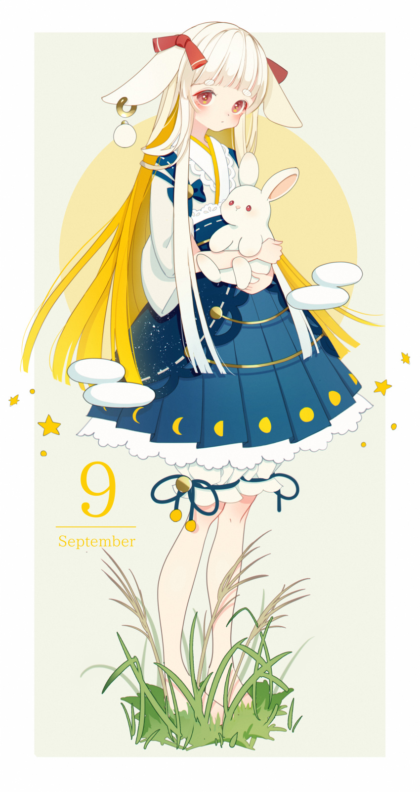 absurdres animal animal_ears bangs barefoot blonde_hair blue_skirt blush bunny bunny_ears calendar_(medium) commentary_request eyebrows_visible_through_hair full_body grass grey_background hair_ribbon highres holding holding_animal jewelry long_hair looking_at_viewer moon_phases multicolored_hair original overskirt pleated_skirt red_eyes red_ribbon ribbon september shiraho_(color-56) simple_background single_earring skirt solo standing star thick_eyebrows two-tone_hair wheat white_bloomers white_hair wide_sleeves