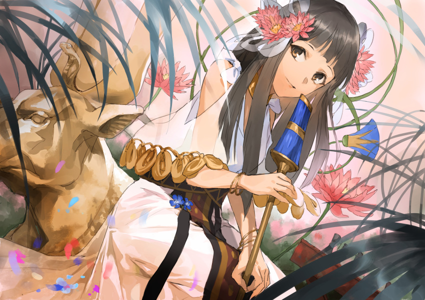 1girl absurdres bangs bracelet brown_eyes brown_hair closed_mouth detached_collar dress egyptian_clothes fate/grand_order fate/prototype fate/prototype:_fragments_of_blue_and_silver fate_(series) flower hair_flower hair_ornament highres holding holding_object jewelry long_hair looking_at_viewer nefertari_(fate/prototype_fragments) seomouse shoulder_cutout sitting smile tassel white_dress