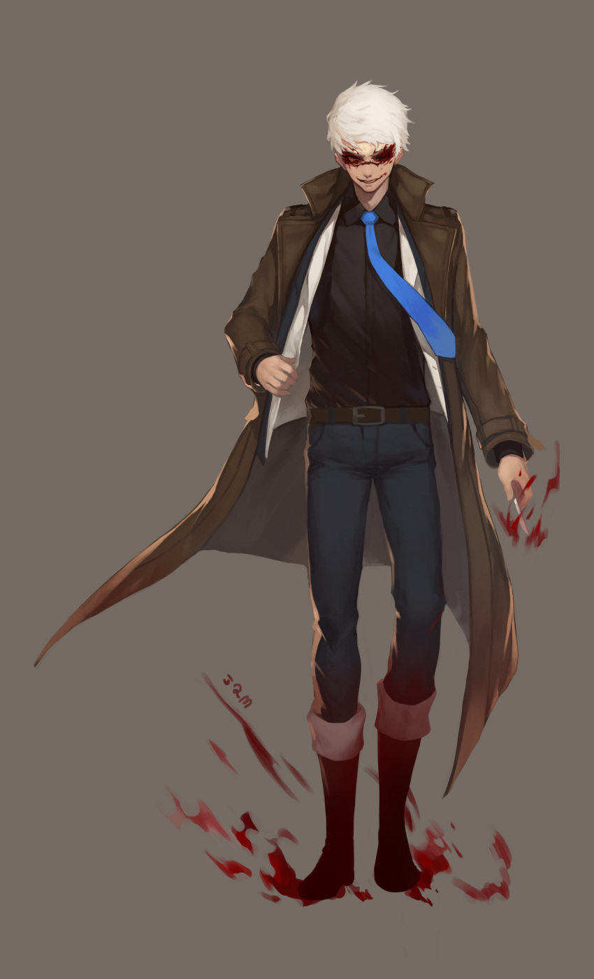 absurdres blood blood_on_face bloody_clothes bloody_weapon character_request commentary_request cyphers highres holding holding_weapon jack_the_ripper jam_(nandade) knife necktie red_eyes solo weapon white_hair