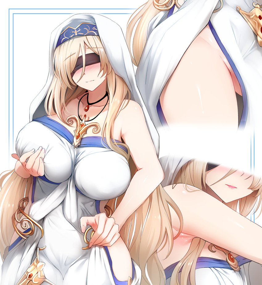 armpits bare_shoulders blindfold blonde_hair blush breast_grab breasts dress eyebrows_visible_through_hair ginhaha goblin_slayer! grabbing highres jewelry large_breasts long_hair necklace no_panties parted_lips pelvic_curtain simple_background sleeveless solo sword_maiden very_long_hair white_background white_dress