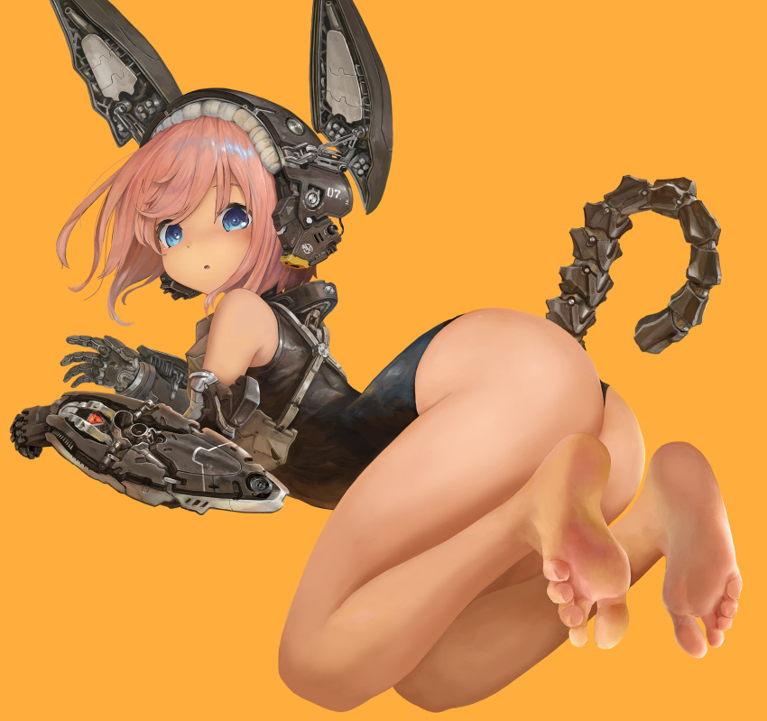 :o ass bangs barefoot blue_eyes commentary_request feet from_side full_body headgear highres looking_at_viewer looking_to_the_side mecha_musume mechanical_arm mechanical_ears mechanical_tail nihoshi_(bipedal_s) number one-piece_swimsuit open_mouth orange_background original pink_hair school_swimsuit short_hair simple_background soles solo swimsuit tail toes
