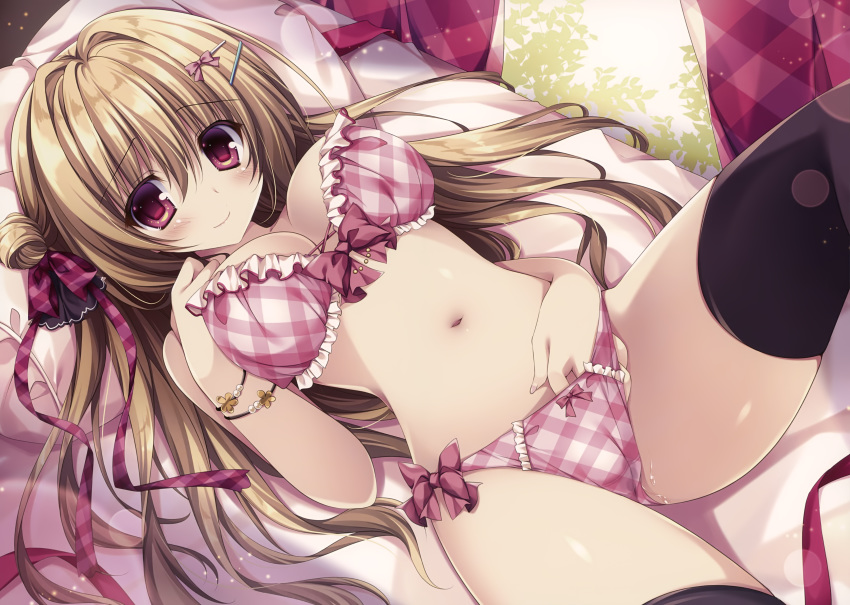 absurdres bed black_legwear blonde_hair blush bra bracelet breasts frilled_bra frills hair_bun hair_ornament hair_ribbon hairclip hand_in_panties highres huge_filesize jewelry large_breasts lying nanaroba_hana on_back original panties pillow pink_bra plaid plaid_bra plaid_panties pussy_juice red_eyes ribbon side-tie_panties smile thighhighs underwear