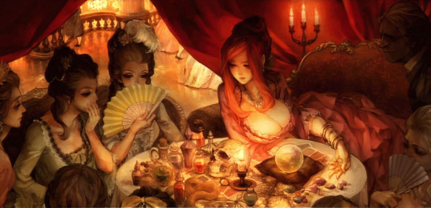 6+girls alternate_costume breast_rest breasts brown_hair cleavage crystal_ball dragon's_crown dress jewelry kamitani_george large_breasts long_hair lying medium_breasts multiple_girls official_art on_side ponytail red_hair screencap sitting sorceress_(dragon's_crown) vanillaware