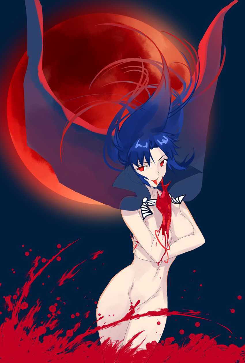 blood bloody_hands blue_background blue_hair breasts cape ciel cleavage elesia eyebrows_visible_through_hair full_moon groin highres legs long_hair looking_at_viewer moon naked_cape navel nude red_eyes red_moon thighs tongue tongue_out tsukihime type-moon