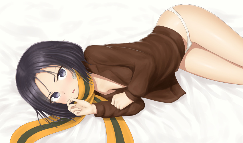 bandaid bed black_hair blue_eyes blush breasts highres kanno_naoe looking_at_viewer nyarukac open_mouth panties scarf small_breasts solo strike_witches underwear white_panties world_witches_series