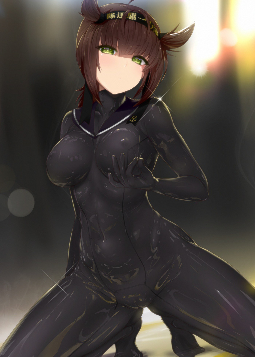 ass ass_visible_through_thighs bangs black_bodysuit blush bodysuit breasts brown_hair cameltoe closed_mouth clothes_writing commentary_request covered_navel covered_nipples eyebrows_visible_through_hair green_eyes hair_between_eyes hair_flaps hairband hatsuzuki_(kantai_collection) headband highres kantai_collection kusaka_souji large_breasts long_hair looking_at_viewer neckerchief sailor_collar seiza shiny shiny_clothes short_hair sitting solo thighs