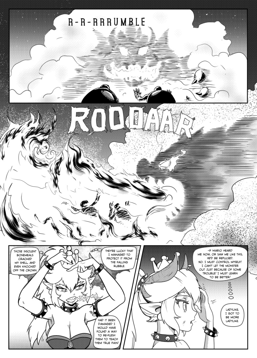 1girl adjusting_headwear angry armpits bangs bare_shoulders bowser bowsette bracelet breasts breathing_fire brooch cleavage collar comic earrings english eyebrows_visible_through_hair fire from_side genderswap genderswap_(mtf) greyscale hair_between_eyes highres horns jewelry left-to-right_manga leotard long_hair long_ponytail mario_(series) monochrome new_super_mario_bros._u_deluxe pencils_(artist) pointy_ears profile sidelocks silhouette skeleton slit_pupils spiked_bracelet spiked_collar spikes strapless strapless_leotard super_crown thick_eyebrows thought_bubble transformation