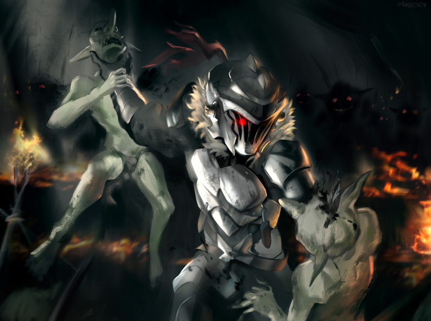 absurdres armor asphyxiation battle black_blood fantasy fur_trim gloves glowing glowing_eyes goblin goblin_slayer goblin_slayer! helmet highres knife knight ragecndy red_eyes solo strangling