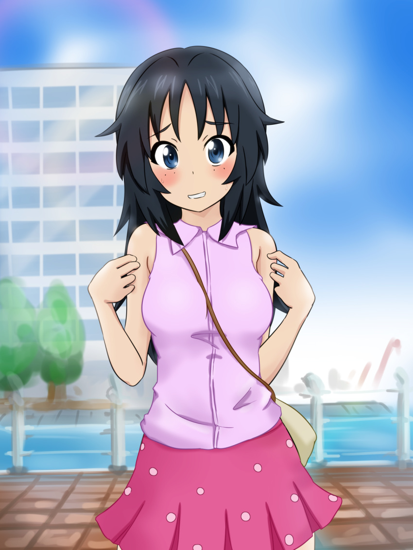 bag bangs black_hair blue_eyes blue_sky blurry blurry_background blush carrying casual collared_shirt cowboy_shot day eyebrows_visible_through_hair fechisupi freckles girls_und_panzer grin handbag highres long_hair looking_at_viewer miniskirt outdoors pink_skirt pleated_skirt polka_dot_skirt purple_shirt shirt skirt sky sleeveless sleeveless_shirt smile solo standing yamagou_ayumi