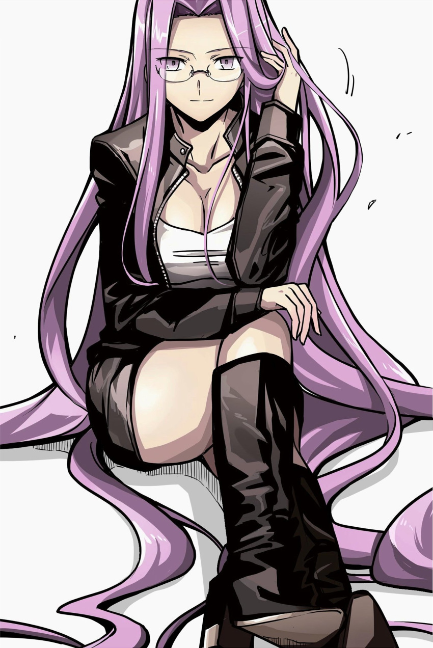 black_footwear black_jacket boots breasts cleavage collarbone commentary_request crossed_legs eyebrows_visible_through_hair fate/grand_order fate/stay_night fate_(series) glasses hand_in_hair hand_on_leg highres jacket knee_boots large_breasts light_smile long_hair looking_at_viewer purple_eyes purple_hair rider shirt simple_background sitting smile solo very_long_hair white_background white_shirt yuuma_(u-ma)