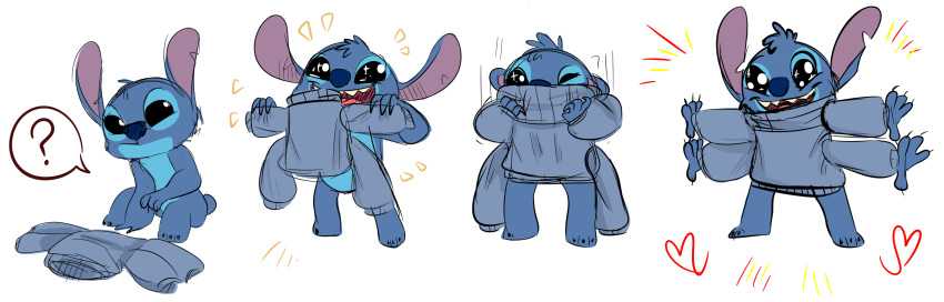 &lt;3 2018 4_arms 4_fingers ? absurd_res alien black_eyes blue_fur blue_nose bottomless clothed clothing colored_sketch digital_drawing_(artwork) digital_media_(artwork) disney dressing edit experiment_(species) fur happy head_tuft hi_res lancesydney lilo_and_stitch multi_arm multi_limb notched_ear open_mouth open_smile sequence simple_background smile sparkling_eyes standing stitch sweater tuft white_background