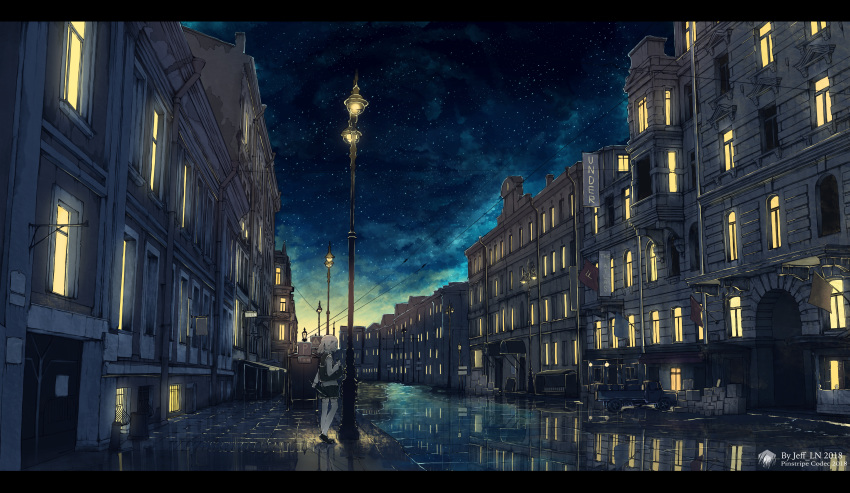 absurdres artist_name awning blonde_hair highres huge_filesize jeff_laoniu lamppost letterboxed night night_sky original outdoors power_lines reflection scenery short_hair sky solo standing star_(sky) starry_sky window