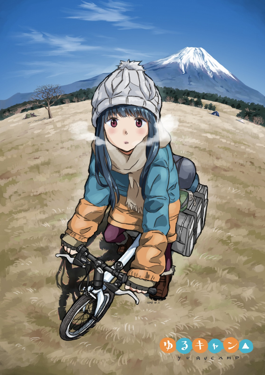 bangs beanie beige_scarf bicycle black_hair blue_sky blush brown_footwear cloud cloudy_sky coat cold commentary copyright_name day fingerless_gloves fisheye fringe_trim gloves grass ground_vehicle hat highres knit_hat long_hair long_sleeves looking_at_viewer mount_fuji mountainous_horizon multicolored_coat outdoors parted_lips pom_pom_(clothes) purple_eyes scarf shima_rin sky solo straight_hair tent tree_bowbow visible_air winter_clothes winter_coat yurucamp