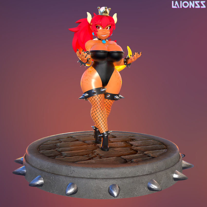 2018 3d_(artwork) alternate_species animal_humanoid big_breasts bowser bowsette_meme breasts clothed clothing collar crossgender crown digital_media_(artwork) female fishnet hair horn humanoid humanoidized invalid_tag koopa laionss mario_bros nintendo scalie simple_background smile solo spikes super_crown swimsuit teeth thick_thighs video_games wide_hips