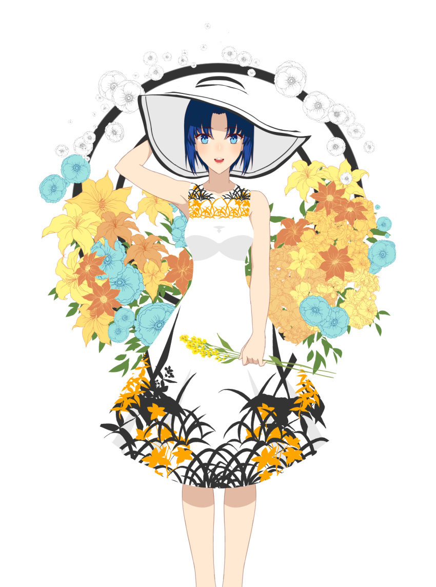 axia-chan bare_shoulders blue_eyes blue_hair blush ciel commentary_request dress eyebrows_visible_through_hair flower flower_request hand_on_headwear hat highres holding holding_flower smile solo sundress tsukihime type-moon white_background white_hat