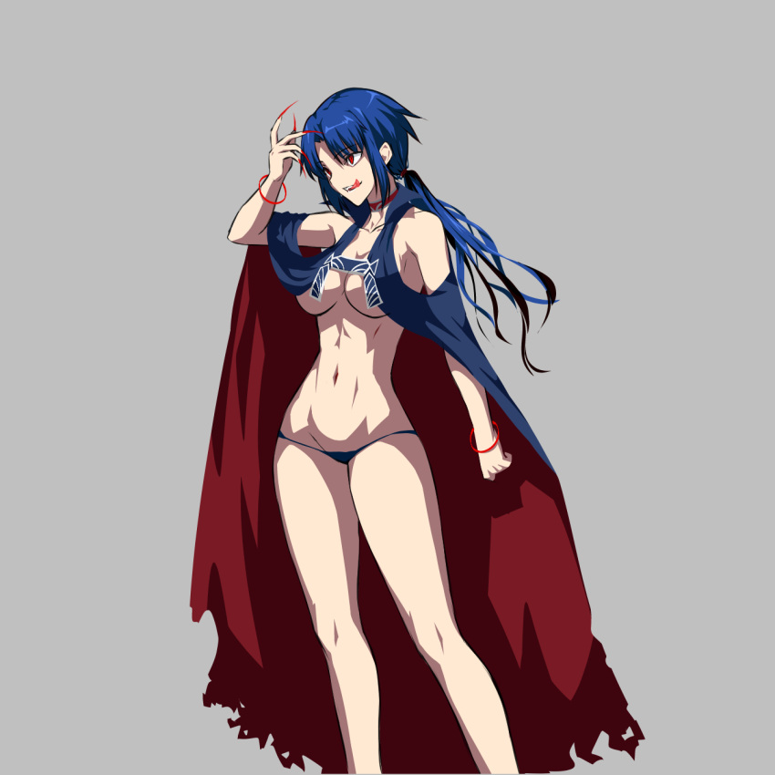 breasts cape cleavage contrapposto elesia extra_eyebrows fingernails grey_background groin highres licking_lips long_fingernails long_hair low_ponytail lowleg lowleg_panties medium_breasts naked_cape navel panties tongue tongue_out torn_cape tsukihime underwear