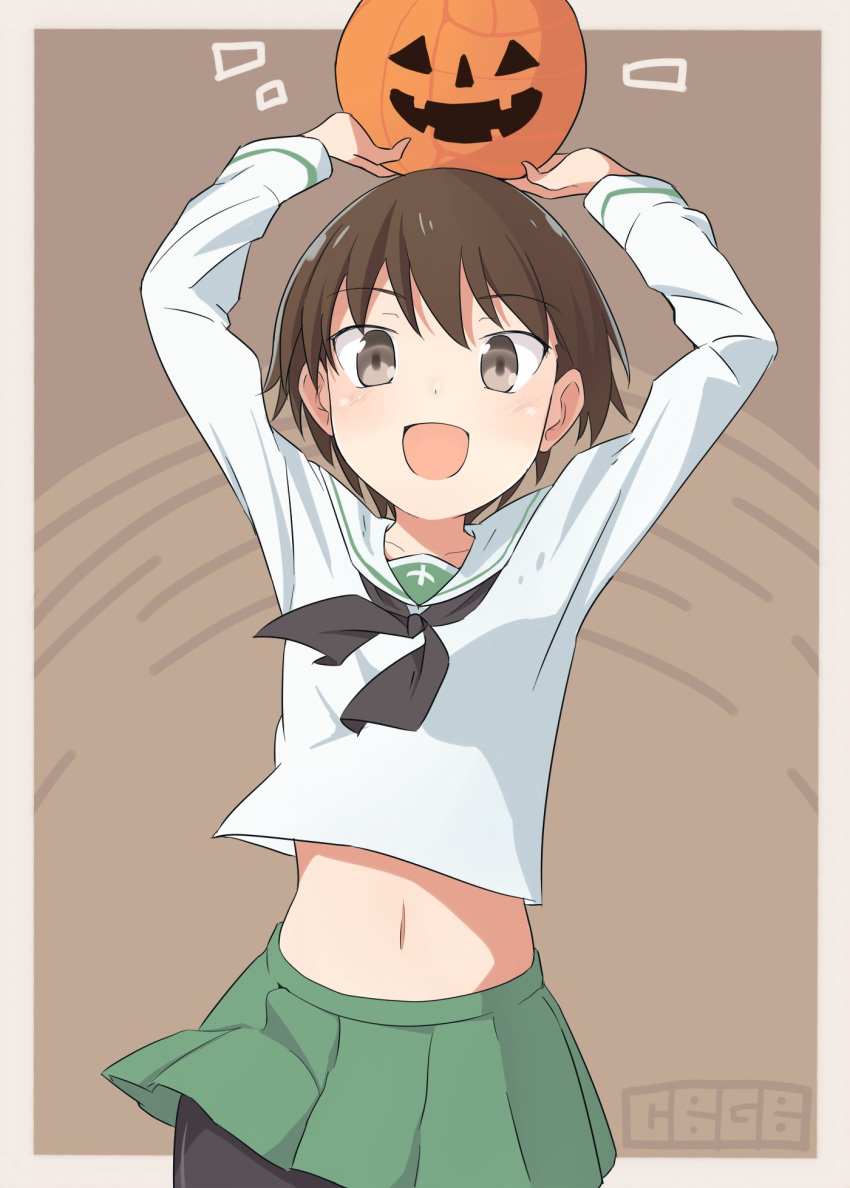 :d arms_up artist_name bangs bike_shorts black_neckwear black_shorts blouse brown_background brown_eyes brown_hair cbgb commentary girls_und_panzer green_skirt highres holding isobe_noriko jack-o'-lantern long_sleeves looking_at_viewer microskirt midriff navel neckerchief ooarai_school_uniform open_mouth outside_border pleated_skirt pumpkin school_uniform serafuku short_hair shorts shorts_under_skirt skirt smile solo standing white_blouse