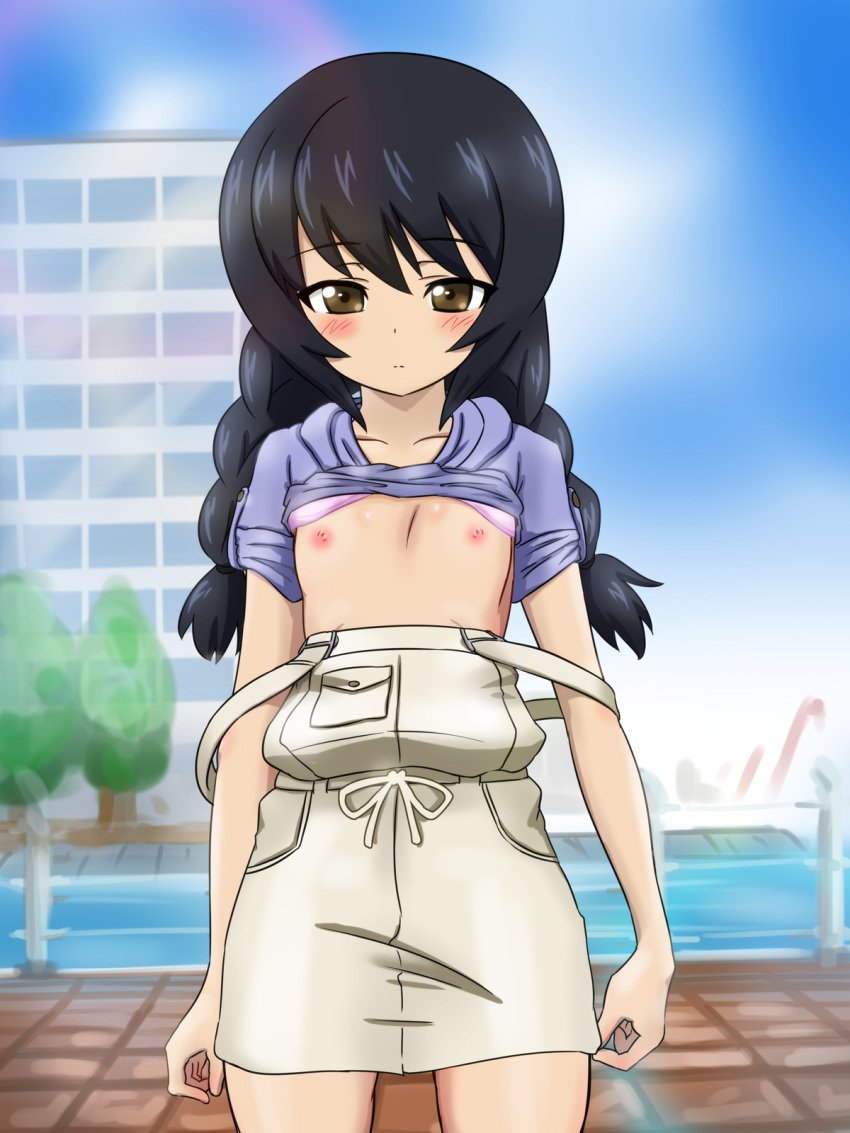 alternate_hairstyle bangs black_hair blue_shirt blue_sky blush bra bra_lift braid brown_eyes casual closed_mouth cowboy_shot day eyebrows_visible_through_hair fechisupi flat_chest girls_und_panzer hair_tie half-closed_eyes highres hood hoodie light_frown long_hair looking_at_viewer miniskirt nipples outdoors overall_skirt purple_bra reizei_mako shirt shirt_lift short_sleeves skirt sky solo standing strap_slip twin_braids twintails underwear white_skirt