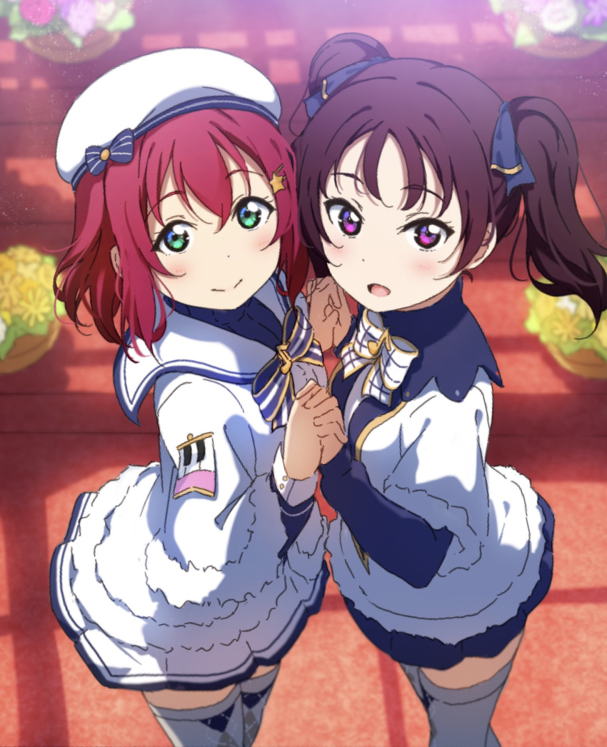 2girls bangs beret blue_neckwear blue_ribbon blush bow bowtie brown_hair capelet green_eyes hair_ornament hair_ribbon hand_holding hat highres icehotmilktea kazuno_leah kurosawa_ruby long_sleeves looking_at_viewer love_live! love_live!_sunshine!! multiple_girls musical_note open_mouth plant potted_plant purple_eyes red_hair ribbon skirt smile standing star star_hair_ornament striped striped_neckwear thighhighs twintails two_side_up white_background white_hat window_shade