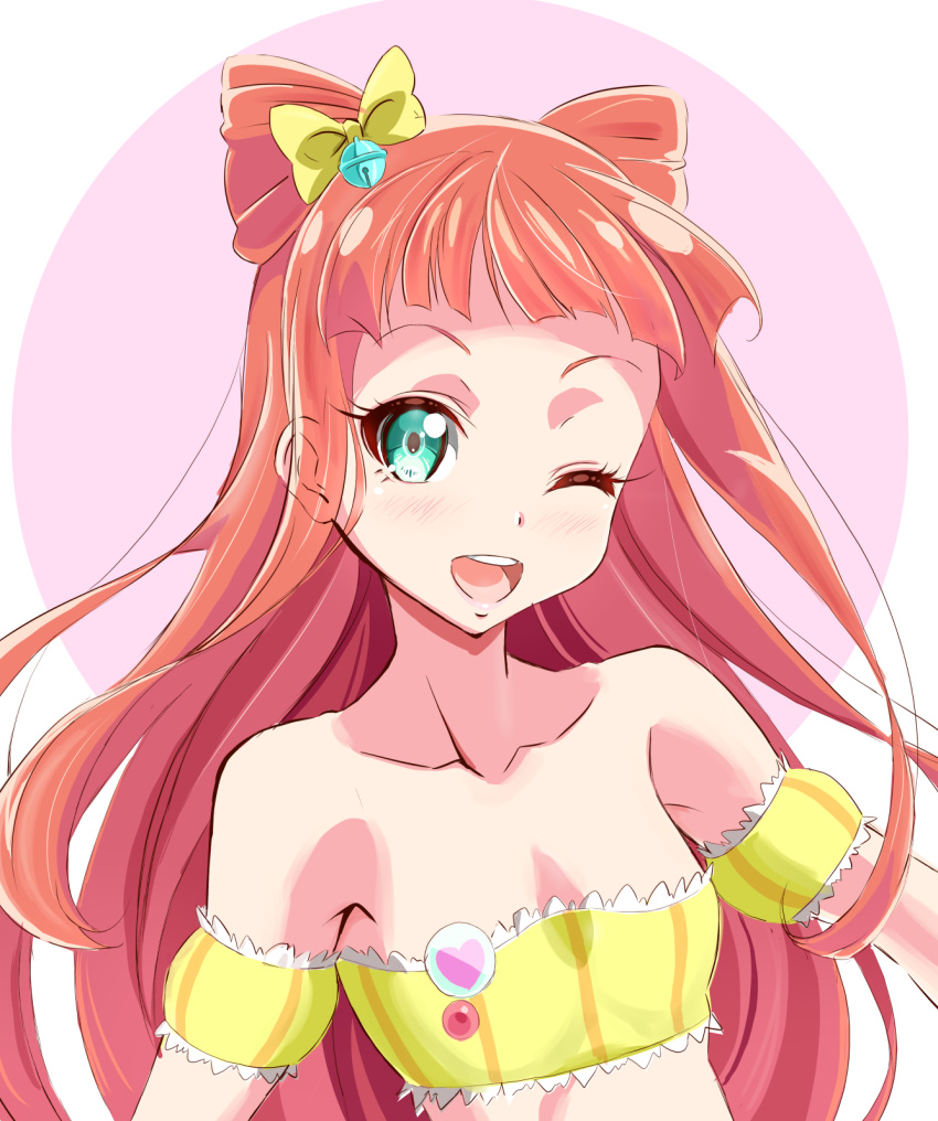aikatsu!_(series) aikatsu_stars! bangs bell blunt_bangs blush bow breasts commentary_request green_eyes hair_bow hair_ornament highres jingle_bell long_hair ngv3553 one_eye_closed open_mouth pink_hair saotome_ako small_breasts smile solo swimsuit yellow_bikini_top yellow_bow yellow_swimsuit