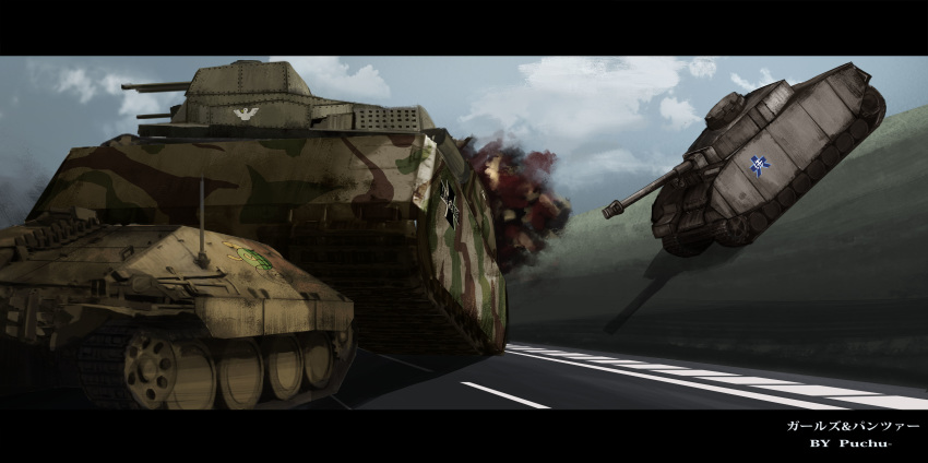 artist_name caterpillar_tracks cloud commentary_request day emblem girls_und_panzer ground_vehicle highres jagdpanzer_38(t) kuromorimine_(emblem) military military_vehicle motor_vehicle no_humans ooarai_(emblem) panzerkampfwagen_iv panzerkampfwagen_viii_maus puchu_(1693947319) road sky tank type_89_i-gou