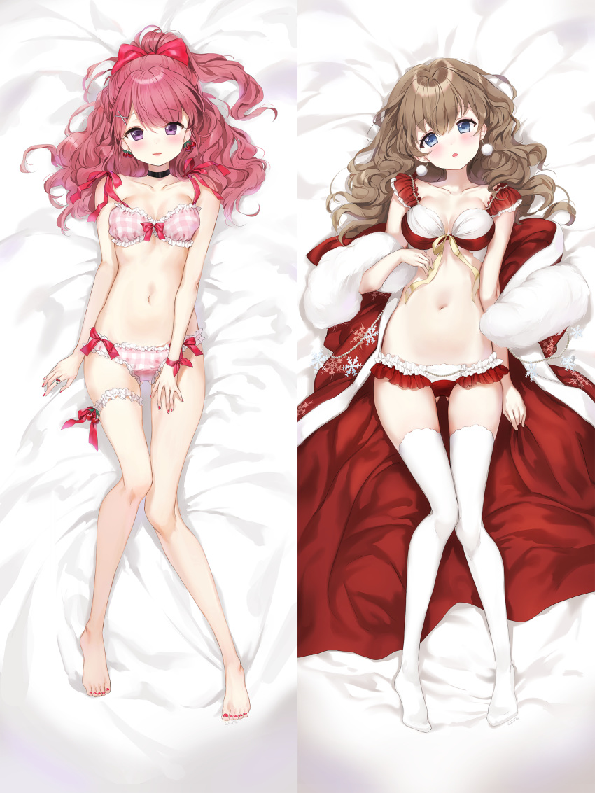 absurdres ass_visible_through_thighs bangs bare_arms bare_legs bare_shoulders barefoot bed bed_sheet black_choker blue_eyes blush bow bow_bra bow_panties bra breasts brown_hair cherry_earrings choker collarbone commentary_request curly_hair dakimakura earrings eyebrows_visible_through_hair fingernails food_themed_earrings frilled_bra frilled_panties frills fur_collar hair_between_eyes hair_bow hair_ornament hairclip head_tilt high_ponytail highres japanese_clothes jewelry kimono leg_garter long_hair looking_at_viewer lying medium_breasts mullpull multicolored multicolored_bra multicolored_clothes multicolored_panties multiple_girls nail_polish navel no_shoes on_back open_clothes open_kimono original panties parted_lips pink_bra pink_panties plaid plaid_bra plaid_panties ponytail print_kimono purple_eyes red_bow red_bra red_hair red_kimono red_nails red_panties ribbon small_breasts smile snowflake_print thighhighs underwear underwear_only white_bra white_legwear white_panties x_hair_ornament yellow_ribbon