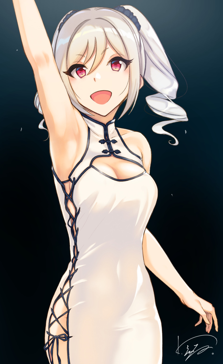 :d absurdres arm_up armpits bangs bare_shoulders blue_background blush breasts china_dress chinese_clothes cleavage cleavage_cutout collarbone commentary_request cowboy_shot cross-laced_clothes dress drill_hair eyebrows_visible_through_hair eyelashes gradient gradient_background grey_hair hair_ornament hair_scrunchie highres idolmaster idolmaster_cinderella_girls kanamura_will kanzaki_ranko long_hair medium_breasts no_bra no_panties open_mouth pink_eyes scrunchie shiny shiny_hair simple_background sleeveless sleeveless_dress smile solo swept_bangs twin_drills twintails white_dress