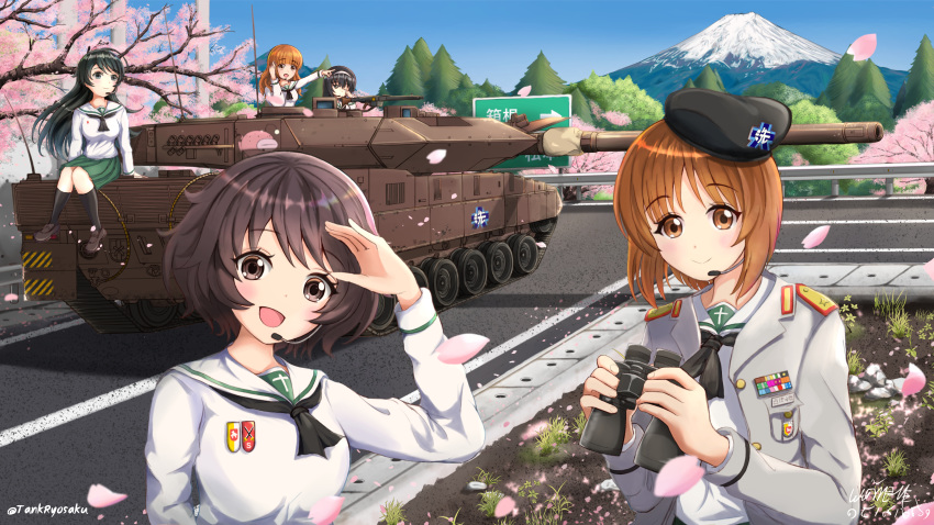 absurdres akiyama_yukari angelfish black_hair breasts brown_eyes brown_hair cherry_blossoms commentary day emblem girls_und_panzer ground_vehicle highres isuzu_hana leopard_2 long_hair looking_at_viewer military military_vehicle miniskirt motor_vehicle mount_fuji multiple_girls nishizumi_miho ooarai_(emblem) ooarai_school_uniform open_mouth orange_hair reizei_mako road road_sign shirt short_hair sign skirt sky smile takebe_saori tank tank_ryousaku tree