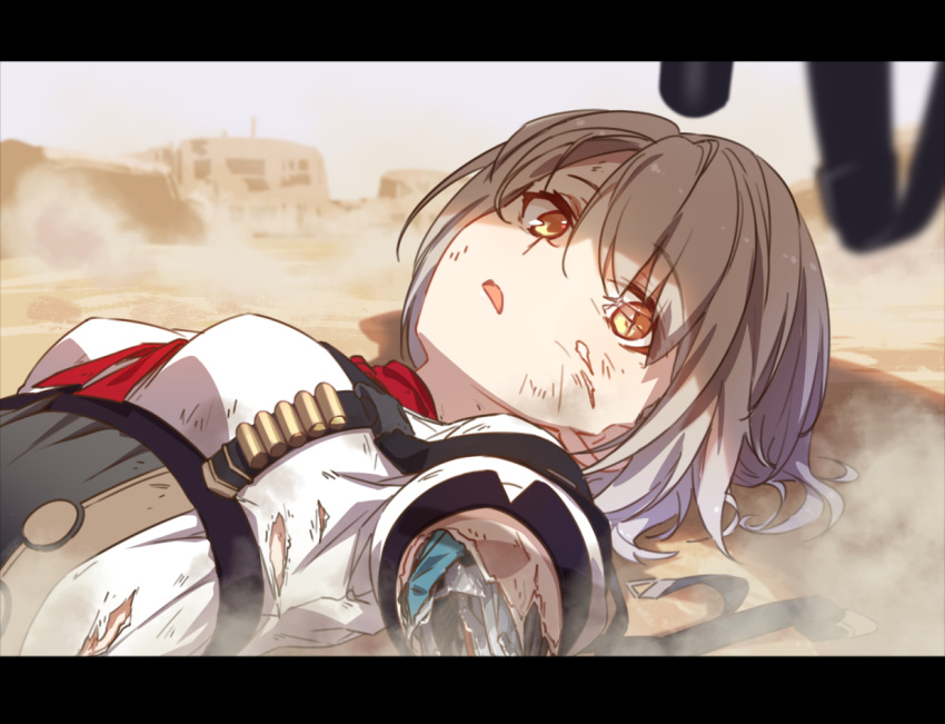 android commentary_request cracked_lens damaged dust eyebrows_visible_through_hair girls_frontline grey_hair gun letterboxed lying m-ya on_back parts_exposed sand short_hair solo strap torn_clothes vector_(girls_frontline) weapon yellow_eyes