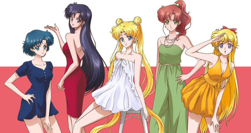 aino_minako arm_up bishoujo_senshi_sailor_moon bishoujo_senshi_sailor_moon_crystal black_hair blonde_hair blue_dress blue_eyes blue_hair bow breasts brown_hair cleavage collarbone double_bun dress earrings eyebrows_visible_through_hair floating_hair green_eyes hair_bobbles hair_bow hair_ornament hair_over_shoulder hand_on_hip high_ponytail highres hino_rei jewelry kino_makoto long_hair looking_at_viewer medium_breasts mizuno_ami multiple_girls neck_ribbon necklace open_mouth ototoy purple_eyes red_bow red_dress ribbon shiny shiny_hair short_dress short_hair short_sleeves sleeveless sleeveless_dress small_breasts standing strapless strapless_dress tsukino_usagi twintails very_long_hair white_dress white_ribbon yellow_dress