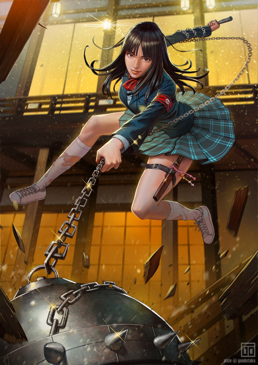 absurdres ball_and_chain black_hair blazer christopher_robin_(artist) gogo_yubari goodotaku highres holding holding_weapon jacket kill_bill lips long_hair long_sleeves plaid plaid_skirt pleated_skirt red_eyes school_uniform signature skirt smile solo source_request spikes weapon